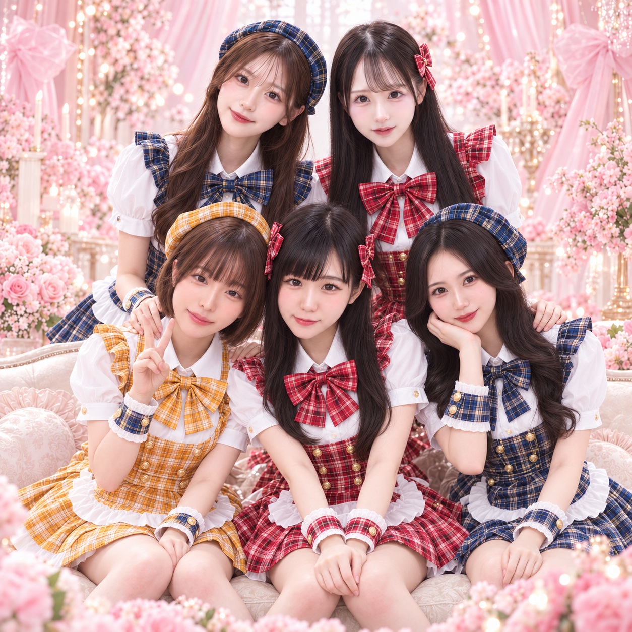 ゆきな・れなち・さら・るい・めろ、赤・青・黄のNHB18 TEAM衣装の集合写真